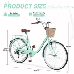 INFURNIC Bicycles 7 Speed City Bike with Basket and Steel Frame for Girls Commuter and Leisure Riding, Green, 66.93"*24.8"*41.34"
