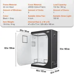 VEVOR Grow Tent, High Reflective 2000D Hydroponic Indoor Plant Growing System with Observation Window, Tool Bag, Floor Tray, 4x2&rsquo;, Black/Gray