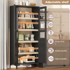 Tall Kitchen Pantry Cabinet, Food Storage Cabinet with 2 Glass Doors, 5 Tier Adjustable Shelves for Kitchen, Dining Room, Bathroom
