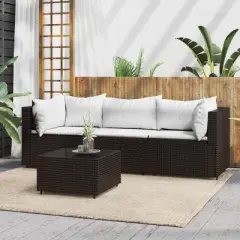 vidaXL 4 Piece Patio Lounge Set with Cushions - Weather Resistant Poly Rattan Furniture with Tempered Glass Tabletop & Comfortable Cushions - Brown