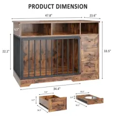 48" Dog Crate Furniture, Farmhouse Dog Kennel Furniture with Dog Bowl & 3 Storage Drawers, Heavy Duty Dog Cage End Table for Medium Small Dogs
