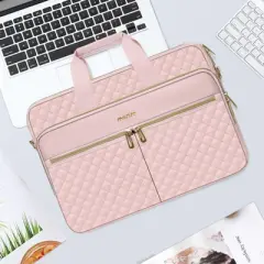 15-15.6 inch Laptop Bag, Briefcase for Women&Men, 16 inch Square Quilted Computer Messenger Bag Office Travel Business with 3 Pockets&Strap, Pink