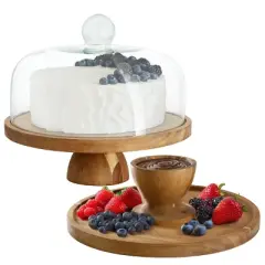 MegaChef Acacia Wood Multi-Function Cake Stand with Glass Dome Lid