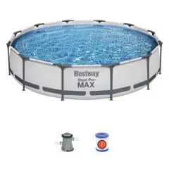 Bestway Steel Pro Max Heavy Duty 12 Foot x 30 Inch Round Above Ground Frame Swimming Pool with Filter Pump and Flowclear 12 Foot Pool Cover with Ropes