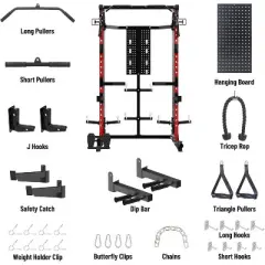 Power Cage Home Rack, 2000LB Squat Rack, Dual Pulley Cable Crossover System,Multi-Function Free Weight Gym Workout Machine with Bench Attachments Red