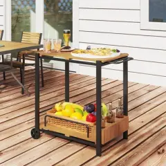 Outsunny Acacia Wood Outdoor Bar Cart with Wheels, Rolling 2-Tier Coffee & Drink Cart with 3 Bottle Holders, Outdoor Serving Cart for Patio, Teak
