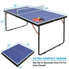 KTMBDW Foldable Ping Pong Table, Portable Table Tennis Table for Indoor/Outdoor with Net, 2 Table Tennis Paddles and 3 Balls Easy Assembly -Blue