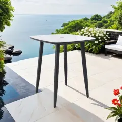 Modern 35'' Outdoor Bar Table, Square Sintered Stone Top with Umbrella Hole, Aluminum Frame Bistro Table for Patio or Poolside - Cuddlewood