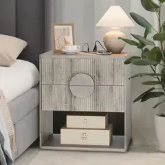 Fluted Nightstand with Charging Station - 2 Drawers + Open Shelf, Modern Wood Bedside Table for Bedroom & Living Room Storage