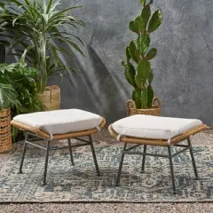KWPZQEB Faux Rattan Outdoor Patio Ottomans Set of 2, Outdoor Wicker Footrest with Upholstered & Iron Frame, Multipurpose Rattan Ottomans for Indoor