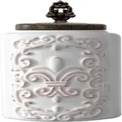 American Atelier 2-Piece Ceramic Canister Jar W/ Fleur De Lis Embossed Design & Airtight Stainless-steel Lid For Sugar, Flour, Coffee, & More, White