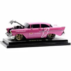 1957 Chevrolet 150 Sedan Medium Pink Pearl with Black Hood and Graphics Ltd Ed to 7000 pcs 1/24 Diecast Model Car by M2 Machines