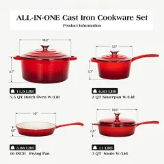 Captiva Designs 7 Pieces Enameled Rust Resistance Cast Iron Cookware Set, Red