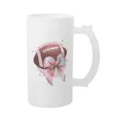Elanze Designs Freezable Beer Stein Mug With Thumb Grip Handle, 16 Ounce Frosted Glass, Football With Disco Bow