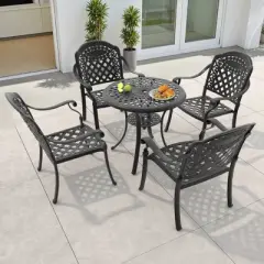 5-Piece Cast Aluminum Outdoor Dining Set with Red Cushions, Round Table & Stackable Chairs - for Patio, Backyard