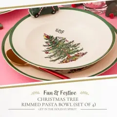 Spode Christmas Tree Collection Pasta Bowl - Set of 4, Rimmed Plate for Serving Salad, Spaghetti, and Soup, 10-Inch, Made of Porcelain