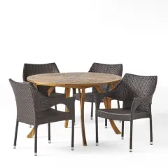Laurent 5pc Acacia Wood & Wicker Dining Set - Teak/Brown - Christopher Knight Home