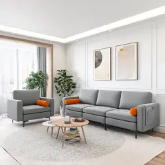 Costway Modular 3-Seat Sofa Couch with  Socket USB Ports & Side Storage Pocket Ash Grey