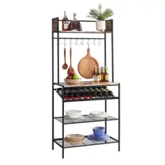 Kings Brand Furniture Lindsay Red Tile Bakers Rack with 9 Wine Bottle Capacity Rack & 8 Hooks - Kitchen Storage Organizer