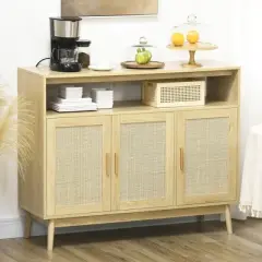 HOMCOM Kitchen Sideboard with 2 Cabinets, Boho Buffet Cabinet with 3 Rattan Decorated Doors and Adjustable Shelf, Coffee Bar Cabinet
