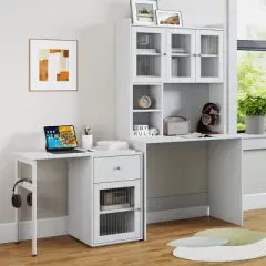 Kumasinova Multifunctional Computer Desk with Glass Doors,Standing Desk with Rotatable Desktop,Gaming Desks with Bookshelf,Office Desk for Large Space