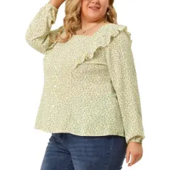 Agnes Orinda Women's Plus Size Blouses Long Sleeve Square Neck Ditsy Ruffle Floral Tops