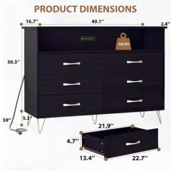 Dresser with LED Light for Bedroom 6 Drawer Dressers with Charging Station Chests of Drawers