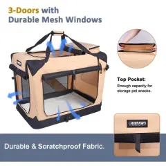 JESPET 36'' Soft Dog Crates Kennel for Pets, 3 Door Soft Sided Folding Travel Pet Carrier with Straps and Fleece Mat for Dogs, Cats, Rabbits, Grey