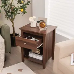 Costway 2 PCS Nightstand side Table with Drawer Open Shelf for Living Room Bedroom Walnut/Brown
