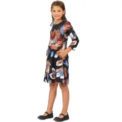 Girls Long Sleeve Black Floral Knee Length Pocket Dress
