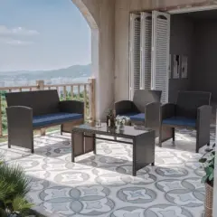 ALAULM 4PCS Rattan Patio Conversation Furniture Set Outdoor Wicker Chair Conversation set Coffee Table&Washable Cushions for Patio Lawn Backyard