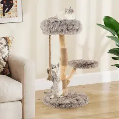 Tangkula Solid Wood Cat Tower Modern Cat Scratching Tree w/Luxurious Perch Teasing Rope
