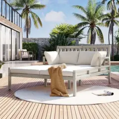 DSVIMOY Outdoor Daybed, Patio Daybed with Four Pillows, Wooden Outdoor Bed with Curved Armrests for Poolside, Backyard, Grey&Beige, 52.75"*76"*34.6"