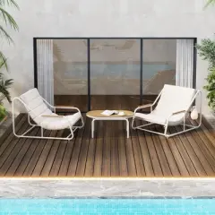 3 PCS Outdoor Patio Chaise Lounge Chair Set with Acacia Side Table, Cushioned Chair Pool Lounge Chair for Lawn Deck Beach,Beige+Black/White-ModernLuxe