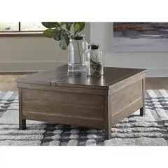 Signature Design by Ashley Moriville Rustic Hinged and Lift Top Cocktail Table with Hidden Storage, Light Brown