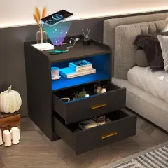 Vlsrka Night Stand with Wireless Charging, 2 Drawers, Smart Bedside Table with 24-Color RGB Lighting, Modern LED Lighted Nightstand for Bedroom