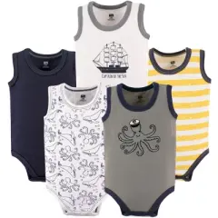 Hudson Baby Infant Boy Cotton Sleeveless Bodysuits 5pk, Sea Captain
