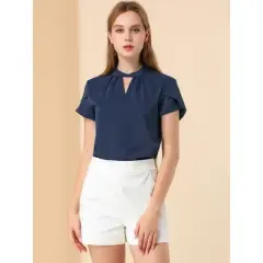 Allegra K Women's Stand Collar Petal Sleeve Keyhole Neck Elegant Work Office Blouse Top