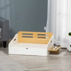 PawHut Wooden Dog Bed, Furniture Style Pet Couch, Cat Sofa with Soft Cushion, Backrest, 2 Feeding Bowls, Handles, for Small and Medium Sized Dog