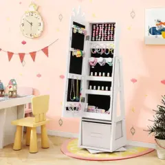 Tangkula Kids Jewelry Cabinet with Full-Length Mirror Drawer 2 Adjustable Tilt Angles