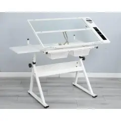 Gulches White Adjustable Tempered Glass Drafting Table with Chair 0 75 Degree