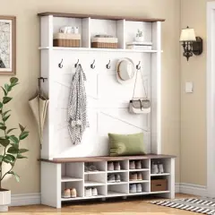 TiramisuBest Farmhouse Hall Tree with Bench, 6 Hooks, Adjustable Shelves & 16 Open Compartments - Entryway Organizer for Mudroom/Living Room (White)