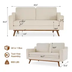 Dyonery 65.4" Comfy Loveseat Couches for Living Room Mid Century Modern Small Couch with Spring Cushion,Solid Wood Frame,Tool-Free Assembly