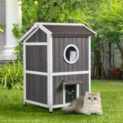 VEVOR Outdoor Cat House Weatherproof, Feral Cat Shelter for Multiple Cats, 2-story Large Outdoor Wooden Cat House with Doors, 23"L x 26"W x 36"H
