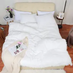 3 Pcs Washed Polyester with Pompoms Tassels Bedding Sets Queen White - PiccoCasa