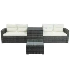 4pc Wicker Patio Set with Large Storage Box & Cushions - Gray/Beige - GODEER