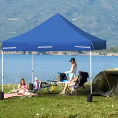 Tangkula 10x10ft Pop up Tent, 4 Height Adjustment Folding Camping Tent with Awning