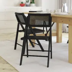 Emma and Oliver Set of 2 Cane Rattan Folding Chairs with Solid Wood Frames and Seats and Breathable Woven Rattan Backrest