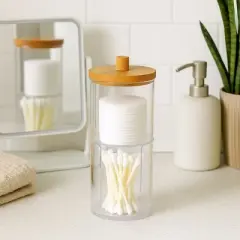 Acrylic Q-tip Dispenser and Cotton Pad Holder with Bamboo Lid, 2 Tier Nonslip Bathroom Organizer Jar for Cotton Ball, Swab, Makeup Pad, Vanity Storage
