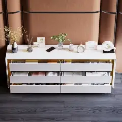 Famapy White Six Drawer Dressers Storage Cabinet Golden Inlaid Contemporary Style